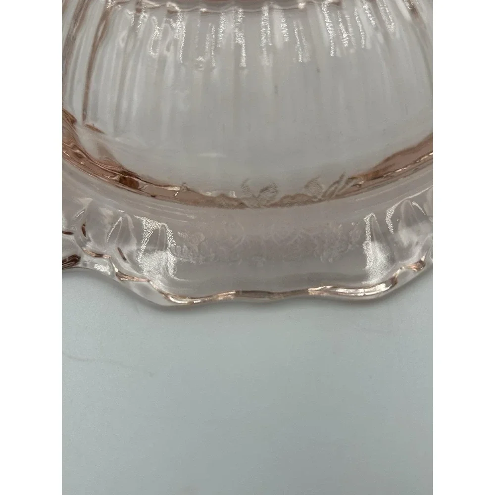 Pink Glass Floral Round Serving Bowl w/ Handles Scalloped Rim 8.5 in